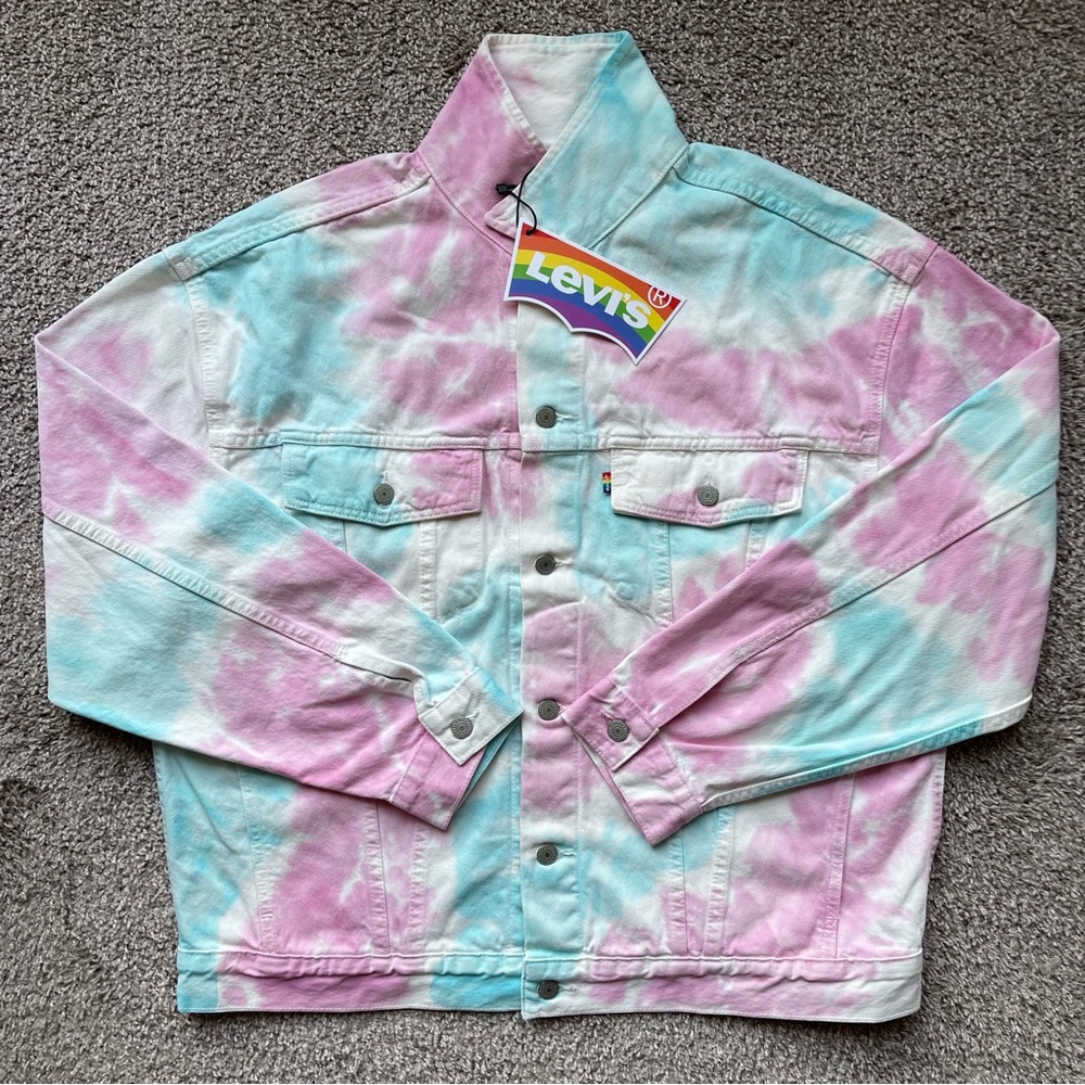 PRIDE OVERSIZED TRUCKER JEAN DENIM JACKET MENS SIZE TIE DYE METAL BUTTONS PINK
